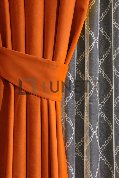 LUNETT HOME Orange Color Island Velvet Medium Pleated (1X2.5) Pleated Background Curtain Single Wing V9250
