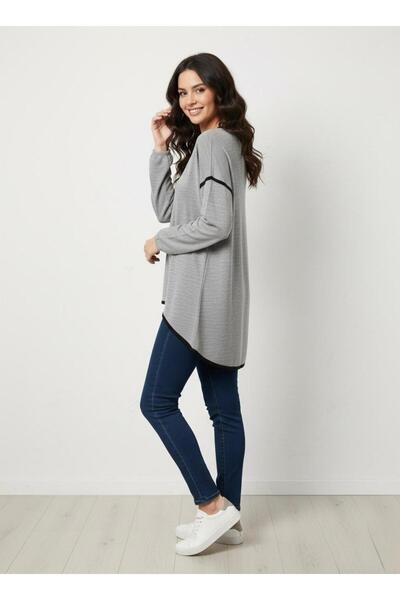 Cockatoo Women's Beige Brown Piped Asymmetrical Cut Soft Textured Crew Neck Knitted Tunic & Blouse