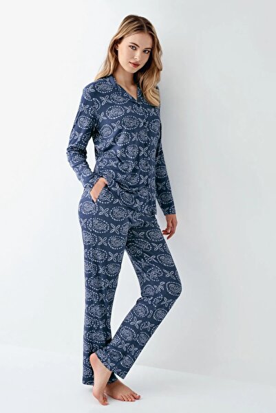 ROZELT Women's Blue Pocket Shirt Collar Casual Pajama Set