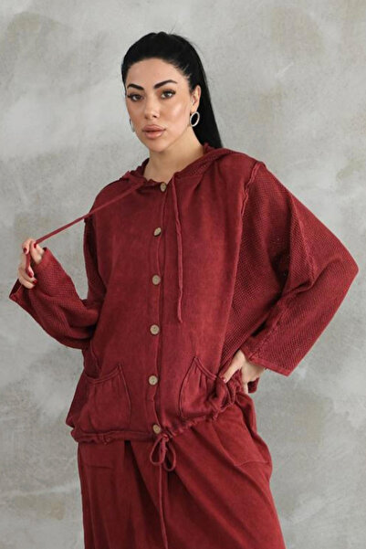 AYASOFYA OTANTIK Women's Burgundy Hooded Button Embroidered Pocket Casual Cot...