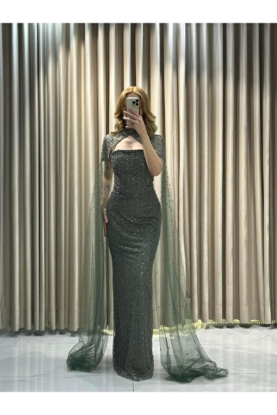 Kaleiçi Yıldızlar Haki Pelerinli Yeni Sezon Abiye5677