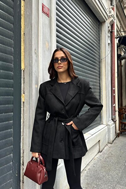 My Loore Women's Black Suede Belted Blazer Jacket Mlb104