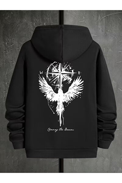 Marco Fresco Unisex Compass Star and Wing Printed Hooded Cotton Sweatshirt