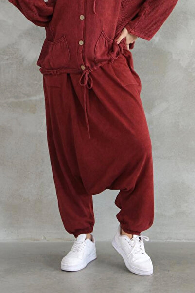 AYASOFYA OTANTIK Women's Burgundy Elastic Waist and Cuffs with Pocket Detail Vintage Loose Cotton Knitwear Baggy Trousers