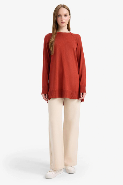 DeFacto C4474Axog215 Orange Regular Fit Crew Neck Basic Plain Knit Sweater Tunic