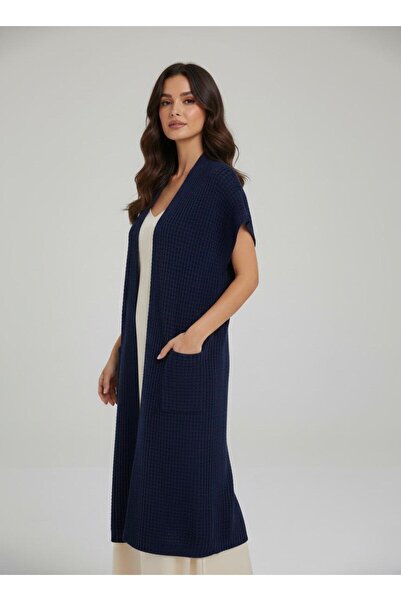 Cockatoo Women's Navy Blue Long Waffle Knit Vest with Pockets Openwork Detailed Sleeveless Knitwear Cardigan Transitional Cardigan
