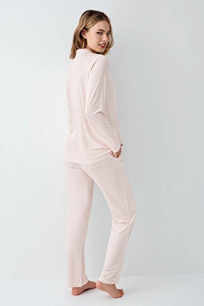 ROZELT Women's Pink Shirt Collar Casual Pajama Set