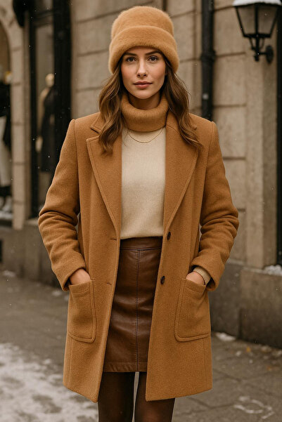 REMSA Γυναικείο μάλλινο βελούδινο μπερέ RKŞ-1146 Camel