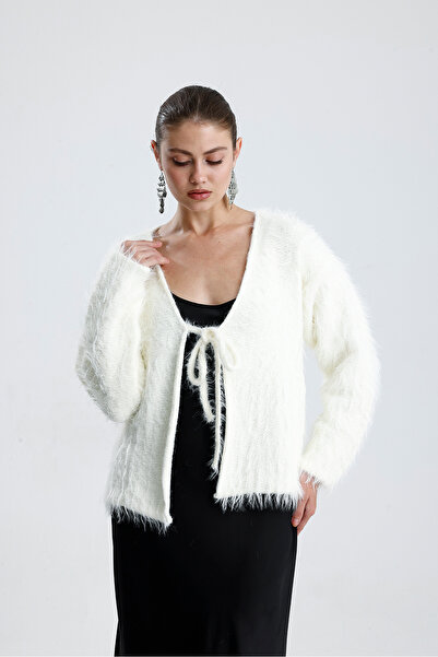 ubmbutik Feather Detailed Front Tie Knit Cardigan