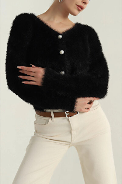 mahira collection Γυναικεία μαύρη βελούδινη μαλακή πλεκτή ζακέτα με λαιμόκοψη...