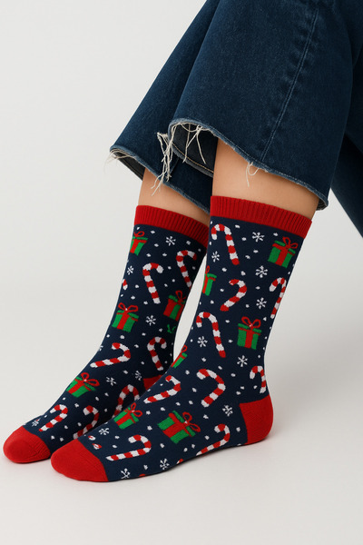 uğurlu dükkan Navy Blue Red Cane Candy Gift Boxed New Year Concept Socks 36-44