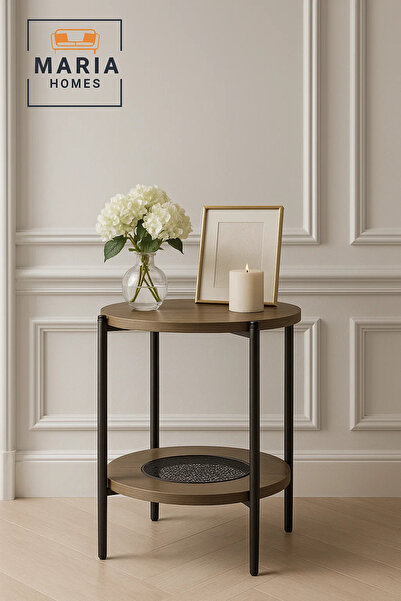 MARIA HOMES Modern Dark Wood Side Table – Round Coffee Table with Storage Shelf 40×40×55 cm