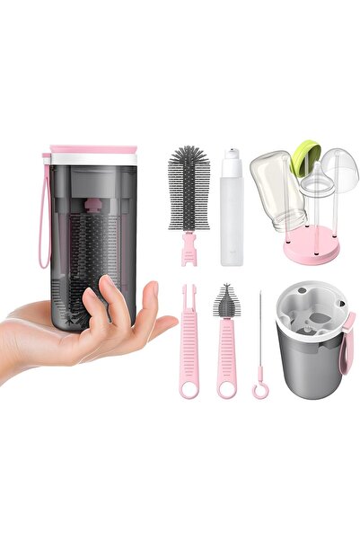 Generic Ubyhome Travel Baby Bottle Brush Set, Extendable Silicone, Nipple & Straw Brushes, Pink