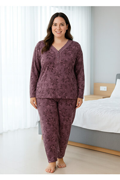 ALACURVE Kadın Mürdüm Bambu Desenli Yaka Uzun Kollu Büyük Beden Pijama Takımı