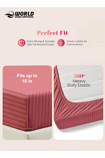 Eworld King Size Striped Microfiber Fitted Bedsheet, Deep Pocket, Breathable & Washable