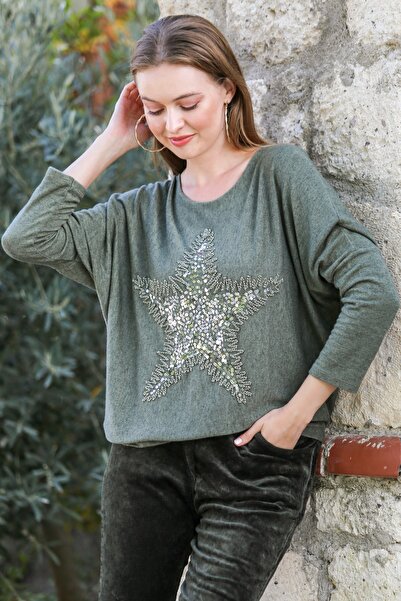 della moor Women's Khaki Italian Star Patterned O Oversized Knitwear Sweater