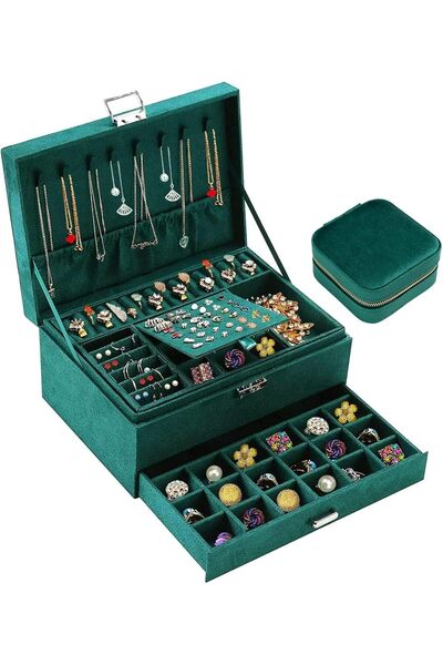 ALMEKAQUZ 3-Layer Women Jewelry Box Organizer, Velvet, Lockable (Green)