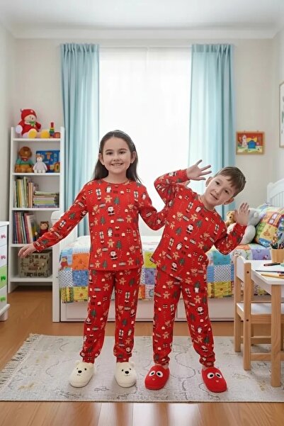 İsobel Kids İsob Red New Year Patterned Interlock 100% Cotton Unisex Children's Pajamas Set 3-13 Years 42226-K