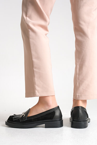 Ayakkabı Delisiyim Справжня шкіра Чорні жіночі лофери Оксфордські туфлі З пряжкою З бахромою Нековзна підошва Сієна