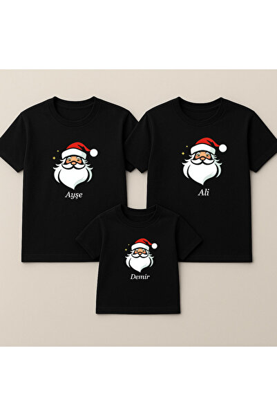 MODA Kişiye İsme Özel Baskılı Yılbaşı Noel Baba Anne Baba Çocuk Aile Tişört Kombin