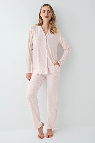 ROZELT Women's Pink Shirt Collar Casual Pajama Set