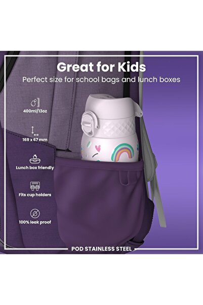 Ion8 Lightweight Steel Kids Water Bottle, 400ml, Non-Insulated, Leak Proof, Pink Unicorns