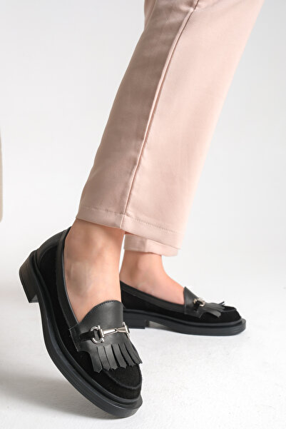 Ayakkabı Delisiyim Справжня шкіра Чорні жіночі лофери Оксфордські туфлі З пряжкою З бахромою Нековзна підошва Сієна