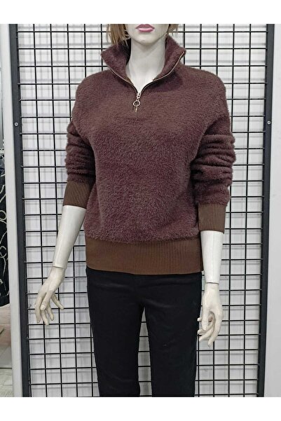 Butik Şans Jm Ecru Zippered Collar Elastic Waist Bearded Knitwear Sweater