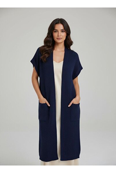 Cockatoo Women's Navy Blue Long Waffle Knit Vest with Pockets Openwork Detailed Sleeveless Knitwear Cardigan Transitional Cardigan
