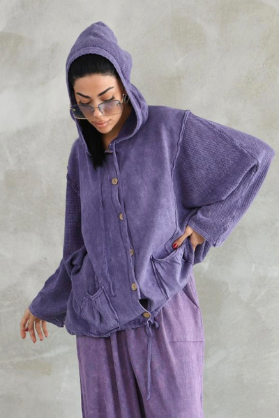 AYASOFYA OTANTIK سترة نسائية منسوجة من القطن باللون الأرجواني الفاتح مزودة بجيب و بغطاء رأس أزرار للإغلاق