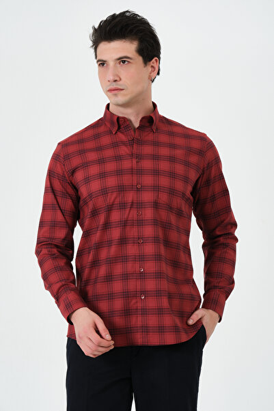 PSY Erkek Kiremit Ekose Cepli Regular Fit Düğmeli Yaka Kışlık Uzun Kol Gömlek