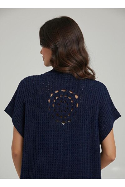 Cockatoo Women's Navy Blue Long Waffle Knit Vest with Pockets Openwork Detailed Sleeveless Knitwear Cardigan Transitional Cardigan