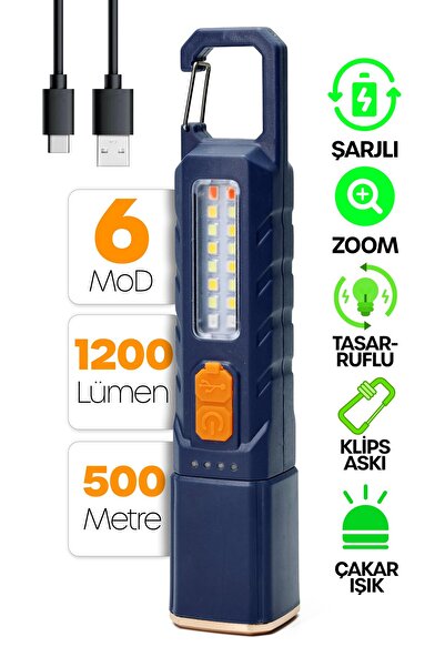 Telvesse Şarjlı EL Feneri 6 MOD Karabina Askılı Çakarlı COB LED Kamp Lambası ...