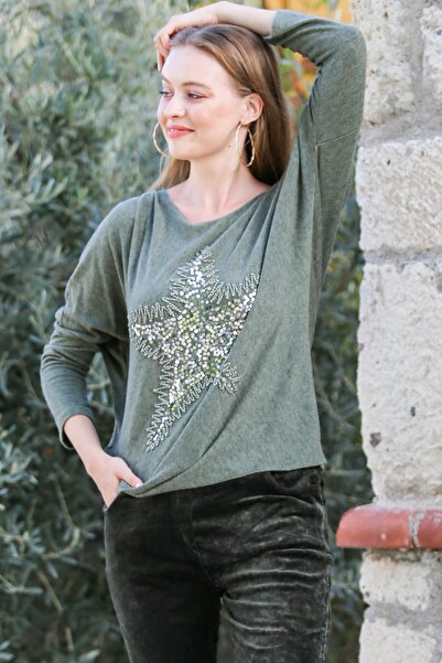 della moor Women's Khaki Italian Star Patterned O Oversized Knitwear Sweater