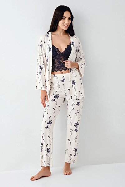 ROZELT Women's White Bustier Top 3-Piece Modal Pajama Set