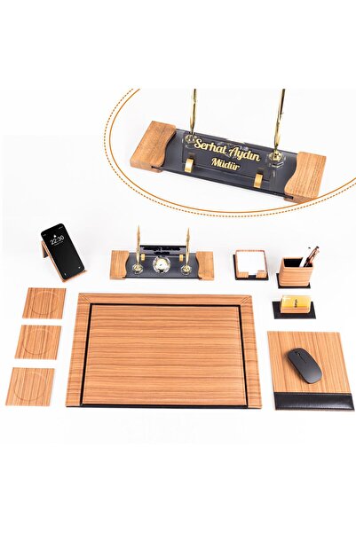 Ofistike Fantom 10 Parça Ahşap Desenli Ofis Deri Sümen Takımı ve Kristal Masa...