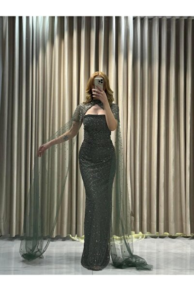 Kaleiçi Yıldızlar Haki Pelerinli Yeni Sezon Abiye5677