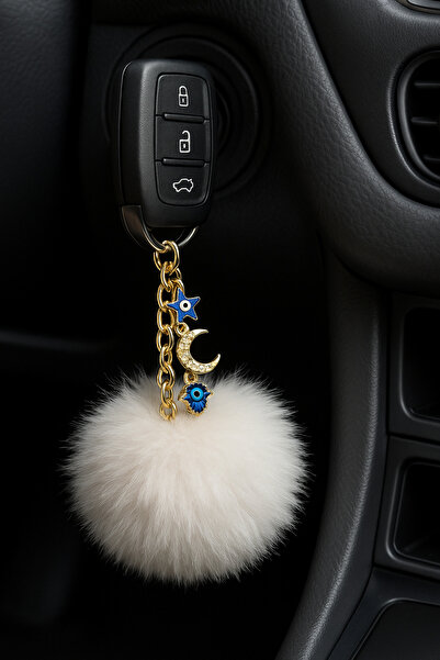 Homeland Peluş Pofuduk Ponpon Puf Beyaz Tüylü Üçlü Charm Ev Ofis Araba Telefo...