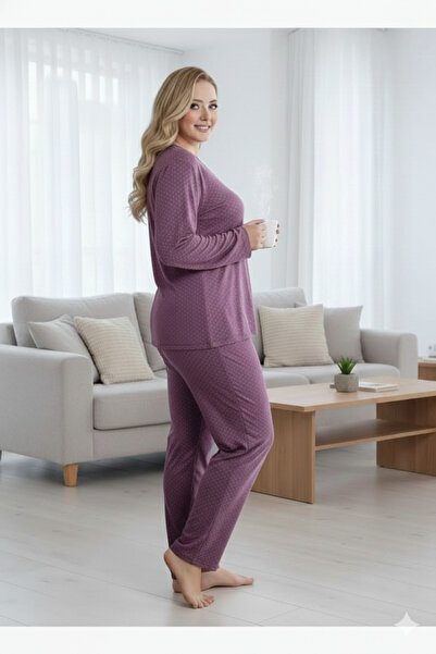 ALACURVE Kadın Lila Bambu Desenli Yaka Uzun Kollu Büyük Beden Pijama Takımı