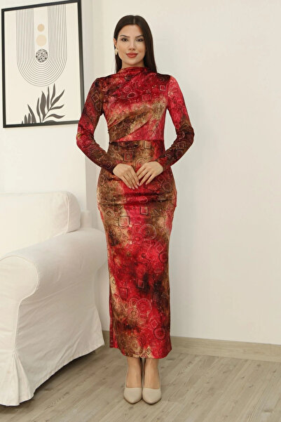 lodmela Patterned Ruched Detail Premium Velvet Dress 6063-Red