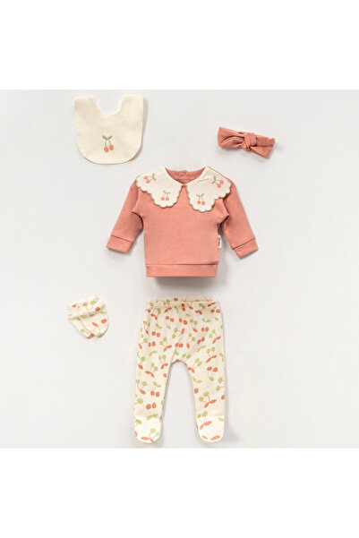 Magu Girl's Cotton Salmon Cherry Embroidered 5-Piece Set – Collared Sweatshirt & Patterned Bottoms