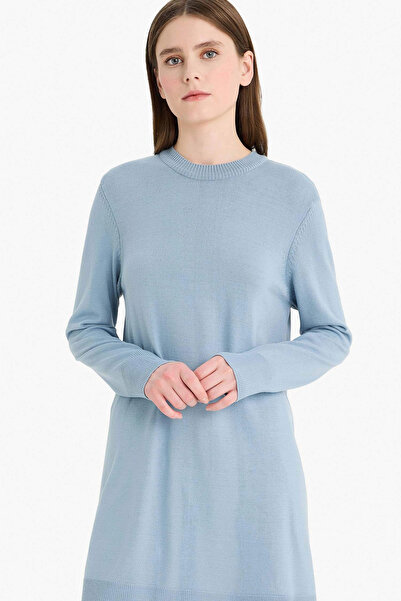 DeFacto H3431Azbe174 Blue Regular Fit Crew Neck Slit Basic Plain Knitwear Sweater Tunic