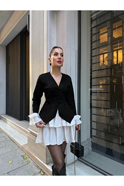 YK FASHION Süet Mini Fırfır Detaylı Takım