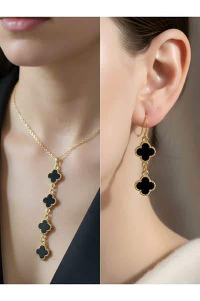 Black Four Leaf Detail Women's Necklace Earrings Set