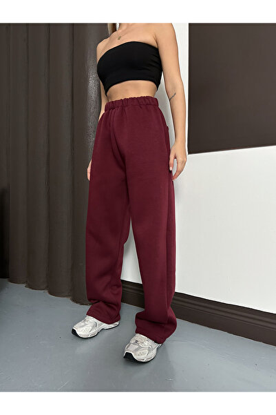 Ergün Women's High Waist Extra Loose Fit Adjustable Leg Opening Back Pocket 3-Thread Winter Trousers