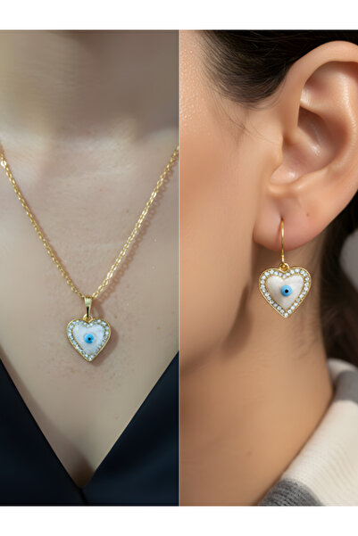 TURBİJ Nazar Heart Stone Detail Women's Necklace Earring Set