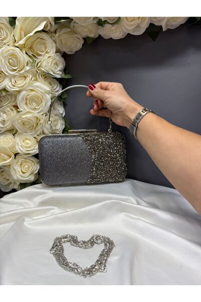 MİOSSA حقيبة فستان سهرة نسائية رمادية أنيقة بتفاصيل نصف حجرية