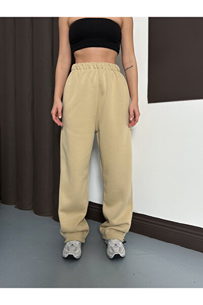 Ergün Women's High Waist Extra Loose Fit Adjustable Leg Opening Back Pocket 3-Thread Winter Trousers