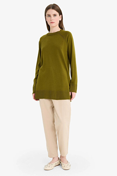 DeFacto C4474Axkh463 Khaki Regular Fit Crew Neck Basic Plain Knit Sweater Tunic