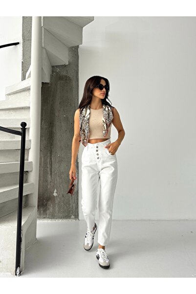 SHEVEGA Women's White Patterned Buttoned Belt with Drawstring Mom Jeans